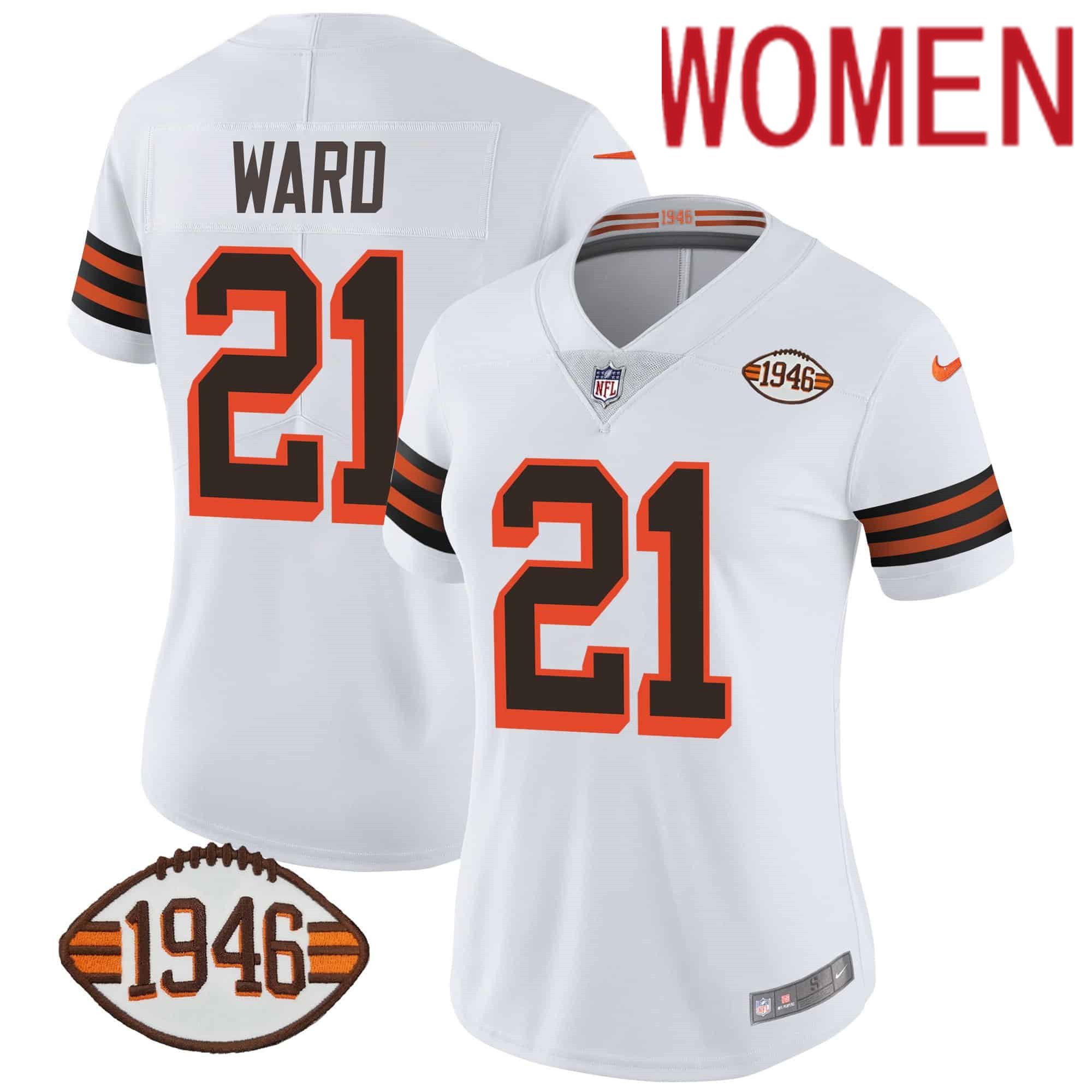 Women Cleveland Browns 21 Ward White 1946 75th Anniversary Patch 2024 Nike NFL Jersey